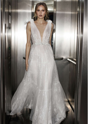 Beaded V Neck Ivory Lace Boho Wedding Dress